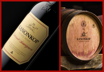 Kanonkop Cabernet Sauvignon fles rode wijn en houten vat met logo Kanonkop uit Stellenbosch in Zuid-Afrika.