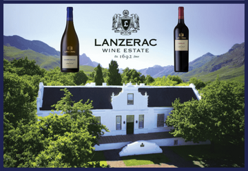 Lanzerac wijnhuis in Stellenbosch Zuid-Afrika. Fles Lanzerac Chardonnay en Lanzerac Merlot. Wit huis met mooi landschap.