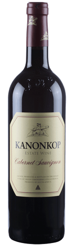 Fles rode wijn Kanonkop Cabernet Sauvignon. Wijnhuis Kanonkop Stellenbosch in Zuid-Afrika. Verkrijgbaar bij Wijnstory