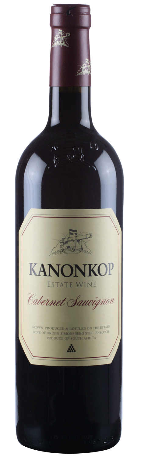 Fles rode wijn Kanonkop Cabernet Sauvignon. Wijnhuis Kanonkop Stellenbosch in Zuid-Afrika. Verkrijgbaar bij Wijnstory