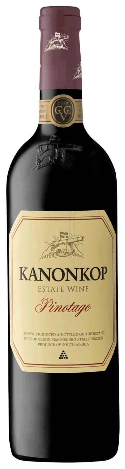 Fles rode wijn Kanonkop Pinotage Estate Wine. Wijnhuis Kanonkop Stellenbosch in Zuid-Afrika. Verkrijgbaar bij Wijnstory