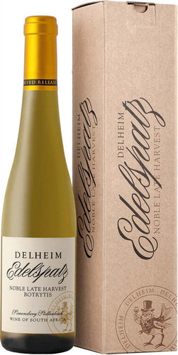 Fles witte wijn Delheim Edelspatz Noble Late Harvest zoete dessertwijn. Wijnhuis Delheim Stellenbosch in Zuid-Afrika. Verkrijgbaar bij Wijnstory