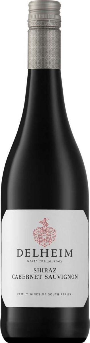 Fles rode wijn Delheim Shiraz Cabernet Sauvignon Syrah. Wijnhuis Delheim Stellenbosch in Zuid-Afrika. Verkrijgbaar bij Wijnstory