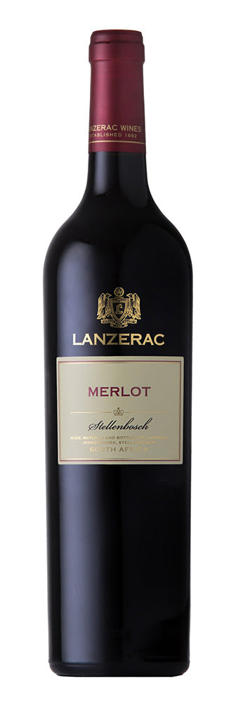 Fles rode wijn Lanzerac Merlot. Wijnhuis Lanzerac Stellenbosch in Zuid-Afrika. Verkrijgbaar bij Wijnstory